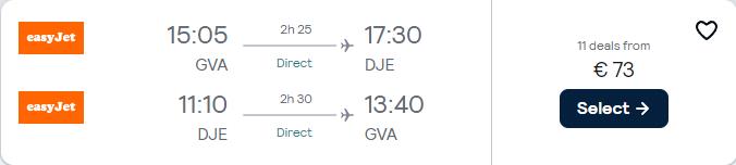 Non-stop flights from Geneva, Switzerland to Djerba, Tunisia for only €73 roundtrip. Flight deal ticket image.
