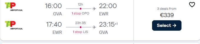 Cheap flights from Geneva or Zurich, Switzerland to New York, USA from only €339 roundtrip with TAP Air Portugal. Flight deal ticket image.