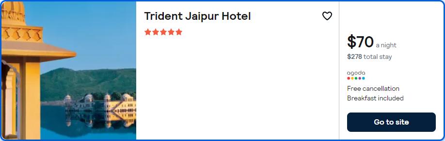 Stay at the 5* Trident Jaipur Hotel in Jaipur, India for only $70 USD per night. Flight deal ticket image.