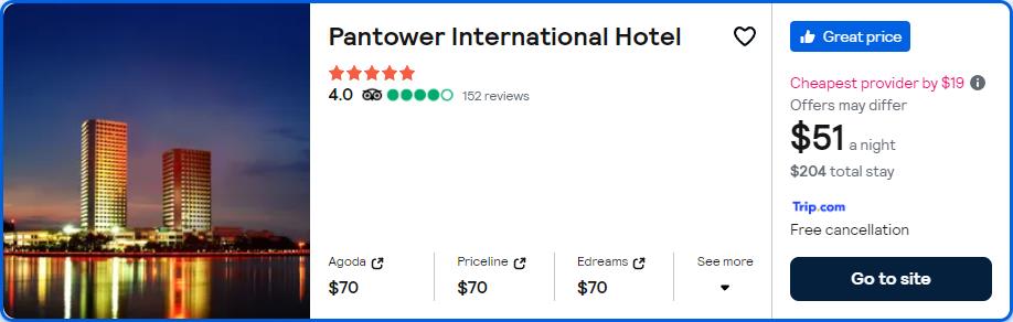 Click here to book this cheap flight deal. Stay at the 5* Pantower International Hotel in Kaiping, China for only $51 USD per night. Flight deal ticket image.