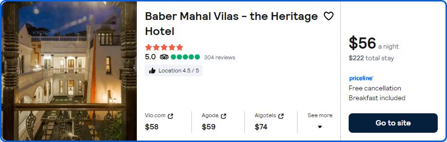 Click here to book this cheap flight deal. Stay at the 5* Baber Mahal Vilas - the Heritage Hotel in Kathmandu, Nepal for only $56 USD per night. Flight deal ticket image.