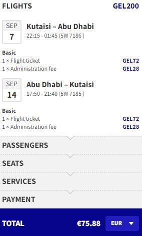Non-stop flights from Kutaisi, Georgia to Abu Dhabi, UAE for only €75 roundtrip. Flight deal ticket image.