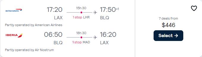 Cheap flights from Californian cities to Bologna or Milan, Italy from only $446 roundtrip with American Airlines, British Airways and Iberia. Flight deal ticket image.
