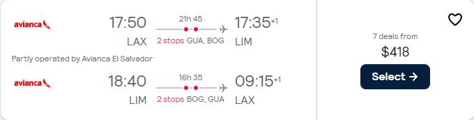 Cheap flights from Los Angeles to Lima, Peru for only $418 roundtrip with Avianca. Flight deal ticket image.