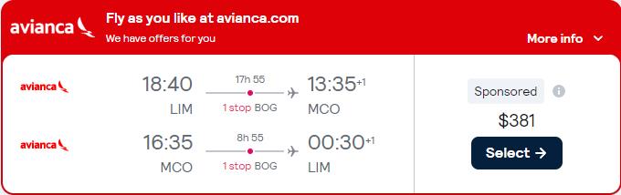 Click here to book this cheap flight deal. Cheap flights from Lima, Peru to Orlando, Florida for only $381 USD roundtrip with Avianca. Flight deal ticket image.