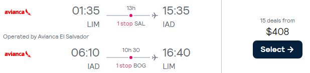 Click here to book this cheap flight deal. Cheap flights from Lima, Peru to Washington DC, USA for only $408 USD roundtrip with Avianca. Flight deal ticket image.
