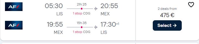 Cheap flights from Lisbon, Portugal to Mexico City, Mexico for only €475 roundtrip with Air France. Flight deal ticket image.