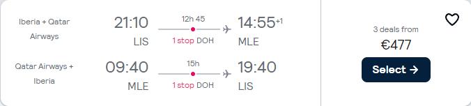 Cheap flights from Lisbon, Portugal to the Maldives for only €477 roundtrip with Qatar Airways. Flight deal ticket image.
