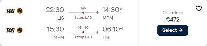 Click here to book this cheap flight deal. Cheap flights from Lisbon, Portugal to Maputo, Mozambique for only €472 roundtrip. Flight deal ticket image.