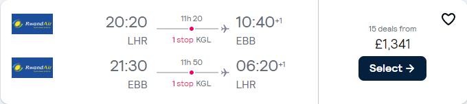 Click here to book this cheap flight deal. Business Class flights from London, UK to Entebbe, Uganda for only £1341 roundtrip. Flight deal ticket image.
