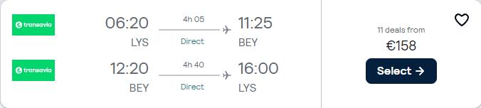 Non-stop flights from Lyon, France to Beirut, Lebanon for only €158 roundtrip. Flight deal ticket image.