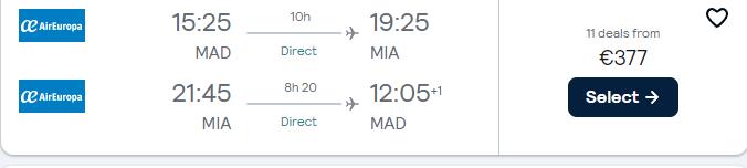 Non-stop flights from Madrid, Spain to Miami, USA for only €377 roundtrip with Air Europa. Flight deal ticket image.