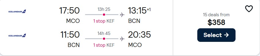 Cheap flights from Orlando, Florida to Barcelona, Spain for only $358 roundtrip. Flight deal ticket image.