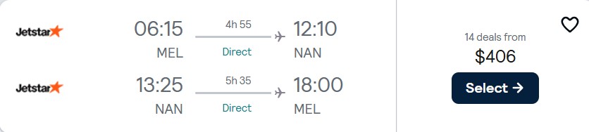 Non-stop flights from Melbourne, Australia to Fiji for only $406 AUD roundtrip with Jetstar. Flight deal ticket image.