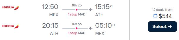 Cheap flights from Mexico City, Mexico to Athens, Greece for only $544 USD roundtrip with Iberia. Flight deal ticket image.