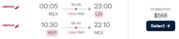 Cheap flights from Mexico City, Mexico to Milan, Italy for only $568 USD roundtrip with Iberia. Flight deal ticket image.