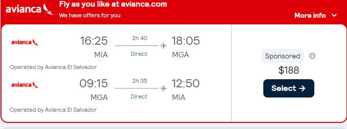 Non-stop flights from Miami to Managua, Nicaragua for only $188 roundtrip with Avianca. Flight deal ticket image.