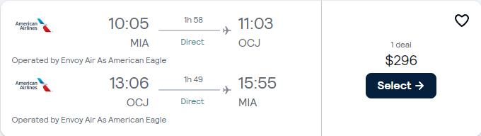 Click here to book this cheap flight deal. Non-stop flights from Miami to Ocho Rios, Jamaica for only $296 roundtrip with American Airlines. Flight deal ticket image.