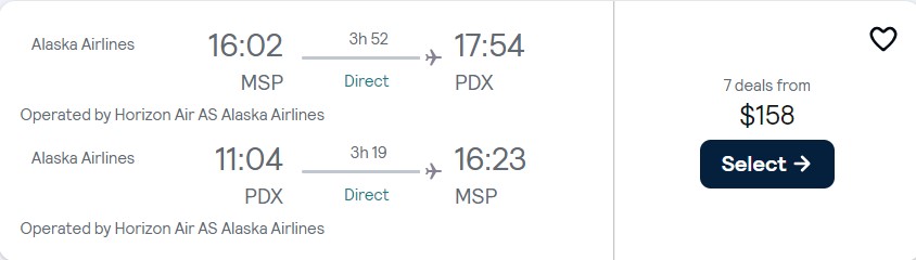 Click here to book this cheap flight deal. Non-stop flights from Minneapolis to Portland, Oregon for only $158 roundtrip with Alaska Airlines. Also works in reverse. Flight deal ticket image.
