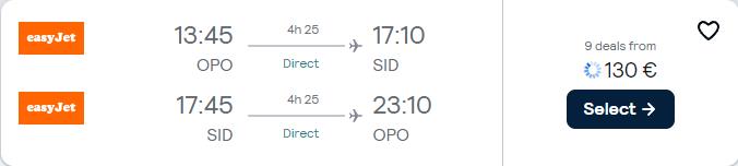 Non-stop flights from Porto or Lisbon, Portugal to Sal, Cape Verde from only €130 roundtrip. Flight deal ticket image.
