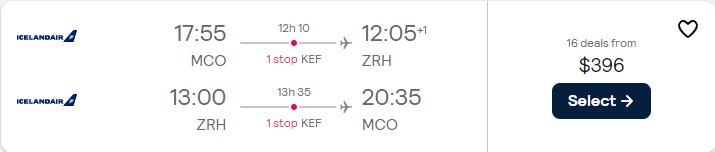 Cheap flights from Orlando, Florida to Zurich, Switzerland for only $396 roundtrip. Flight deal ticket image.