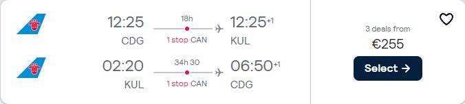 Cheap flights from Paris, France to Kuala Lumpur, Malaysia for only €255 roundtrip. Flight deal ticket image.
