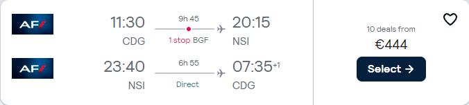 Click here to book this cheap flight deal. Cheap flights from Paris, France to Yaounde or Douala, Cameroon from only €444 roundtrip with Air France and Brussels Airlines. Flight deal ticket image.