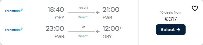 Click here to book this cheap flight deal. Non-stop flights from Paris, France to New York, USA for only €317 roundtrip. Flight deal ticket image.