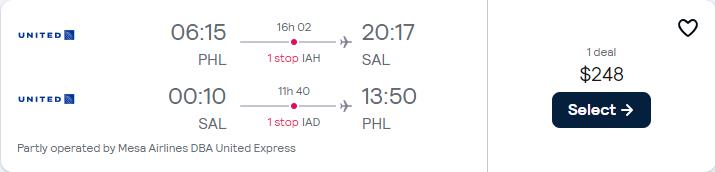 Click here to book this cheap flight deal. Cheap flights from Philadelphia to San Salvador, El Salvador for only $248 roundtrip with United Airlines. Flight deal ticket image.