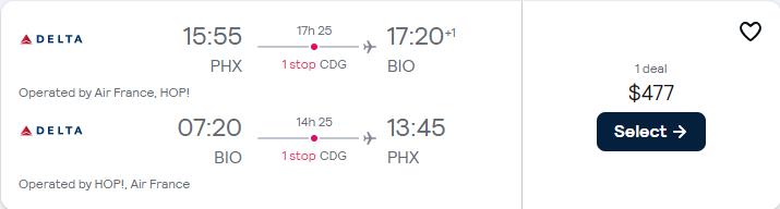 Click here to book this cheap flight deal. Cheap flights from Phoenix, Arizona to Bilbao, Spain for only $477 roundtrip with Air France. Flight deal ticket image.