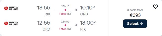 Cheap flights from Riga, Latvia to Chicago, USA for only €387 roundtrip with Turkish Airlines. Flight deal ticket image.