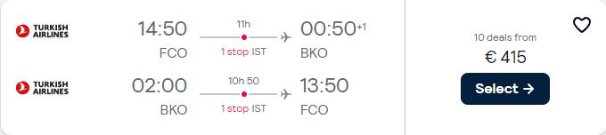 Cheap flights from Italian cities to Bamako, Mali from only €415 roundtrip with Turkish Airlines. Flight deal ticket image.