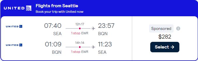 Cheap flights from Seattle to Aguadilla, Puerto Rico for only $282 roundtrip with United Airlines. Flight deal ticket image.