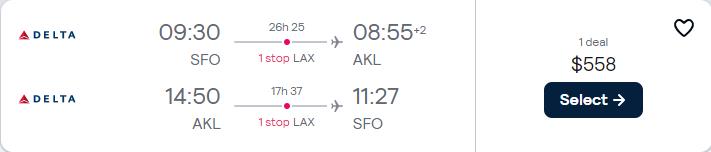 Cheap flights from San Francisco or San Jose to Auckland, New Zealand for only $558 roundtrip with Delta Air Lines. Flight deal ticket image.