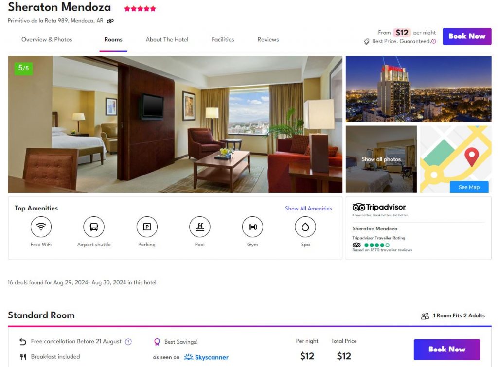 Click here to book this cheap flight deal. Stay at the 5* Sheraton Mendoza Hotel in Mendoza, Argentina for only $12 USD per night. Flight deal ticket image.