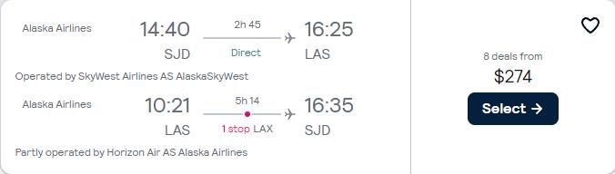 Cheap flights from San Jose del Cabo, Mexico to Las Vegas, USA for only $274 USD roundtrip with Alaska Airlines. Flight deal ticket image.