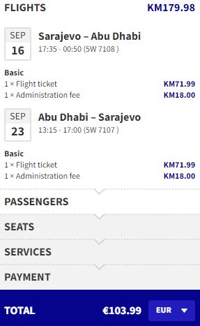 Click here to book this cheap flight deal. Non-stop flights from Sarajevo, Bosnia and Herzegovina to Abu Dhabi, UAE for only €103 roundtrip. Flight deal ticket image.