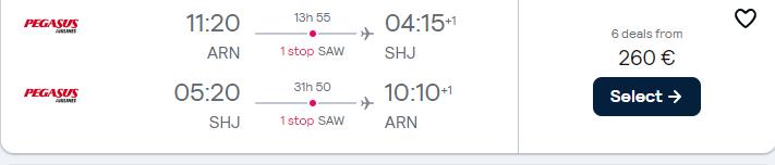 Cheap flights from Scandinavian cities to Sharjah, UAE from only €260 roundtrip. Flight deal ticket image.