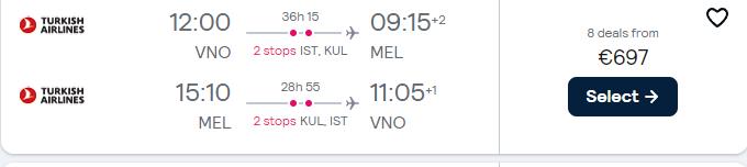 Cheap flights from Vilnius, Lithuania or Riga, Latvia to Melbourne, Australia from only €697 roundtrip with Turkish Airlines and Malaysia Airlines. Flight deal ticket image.