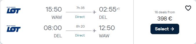 Non-stop flights from Warsaw, Poland to Delhi, India for only €398 roundtrip with LOT Polish Airlines. Flight deal ticket image.