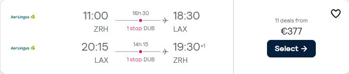 Cheap flights from Zurich, Switzerland to Los Angeles, USA for only €377 roundtrip with Aer Lingus. Flight deal ticket image.