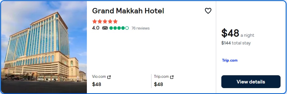 Click here to book this cheap flight deal. Stay at the 5* Grand Makkah Hotel in Makkah, Saudi Arabia for only $48 USD per night. Flight deal ticket image.