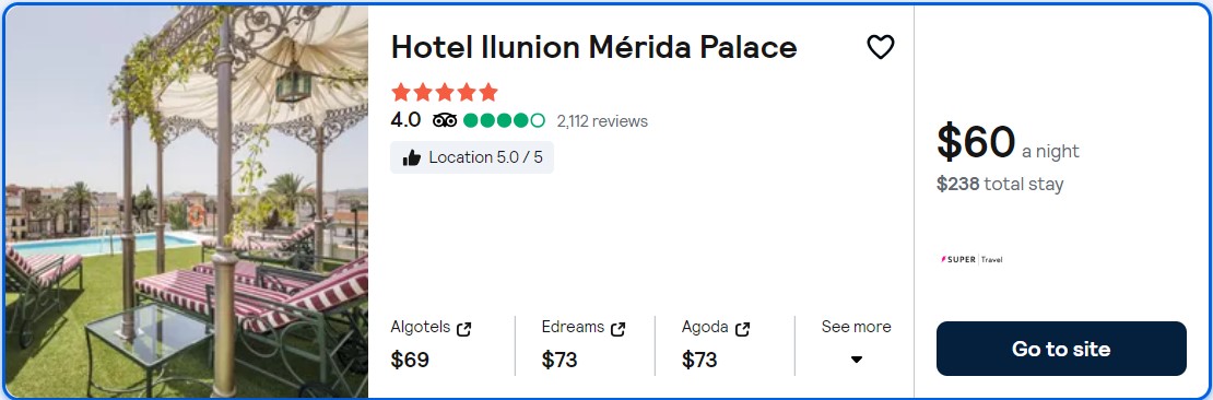 Click here to book this cheap flight deal. Stay at the 5* Hotel Ilunion Mérida Palace in Merida, Spain for only $60 USD per night. Flight deal ticket image.
