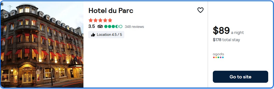 Click here to book this cheap flight deal. Stay at the 5* Hotel du Parc in Mulhouse, France for only $89 USD per night. Flight deal ticket image.