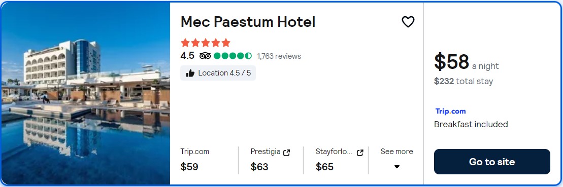 Click here to book this cheap flight deal. Stay at the 5* Mec Paestum Hotel in Paestum, Italy for only $58 USD per night. Flight deal ticket image.