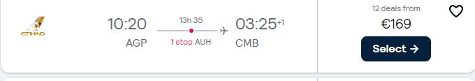 Cheap flights from Malaga, Spain to Colombo, Sri Lanka for only €169 one-way with Etihad Airways. Flight deal ticket image.