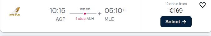 Cheap flights from Malaga, Spain to the Maldives for only €169 one-way with Etihad Airways. Flight deal ticket image.