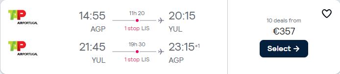 Cheap flights from Malaga, Spain to Montreal, Canada for only €357 roundtrip with TAP Air Portugal. Flight deal ticket image.