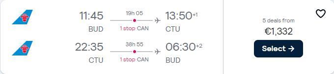 Business Class flights from Budapest, Hungary to Chengdu or Xi'an, China from only €1332 roundtrip. Flight deal ticket image.