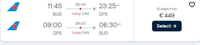 Cheap flights from Budapest, Hungary to Bali, Indonesia for only €449 roundtrip. Flight deal ticket image.